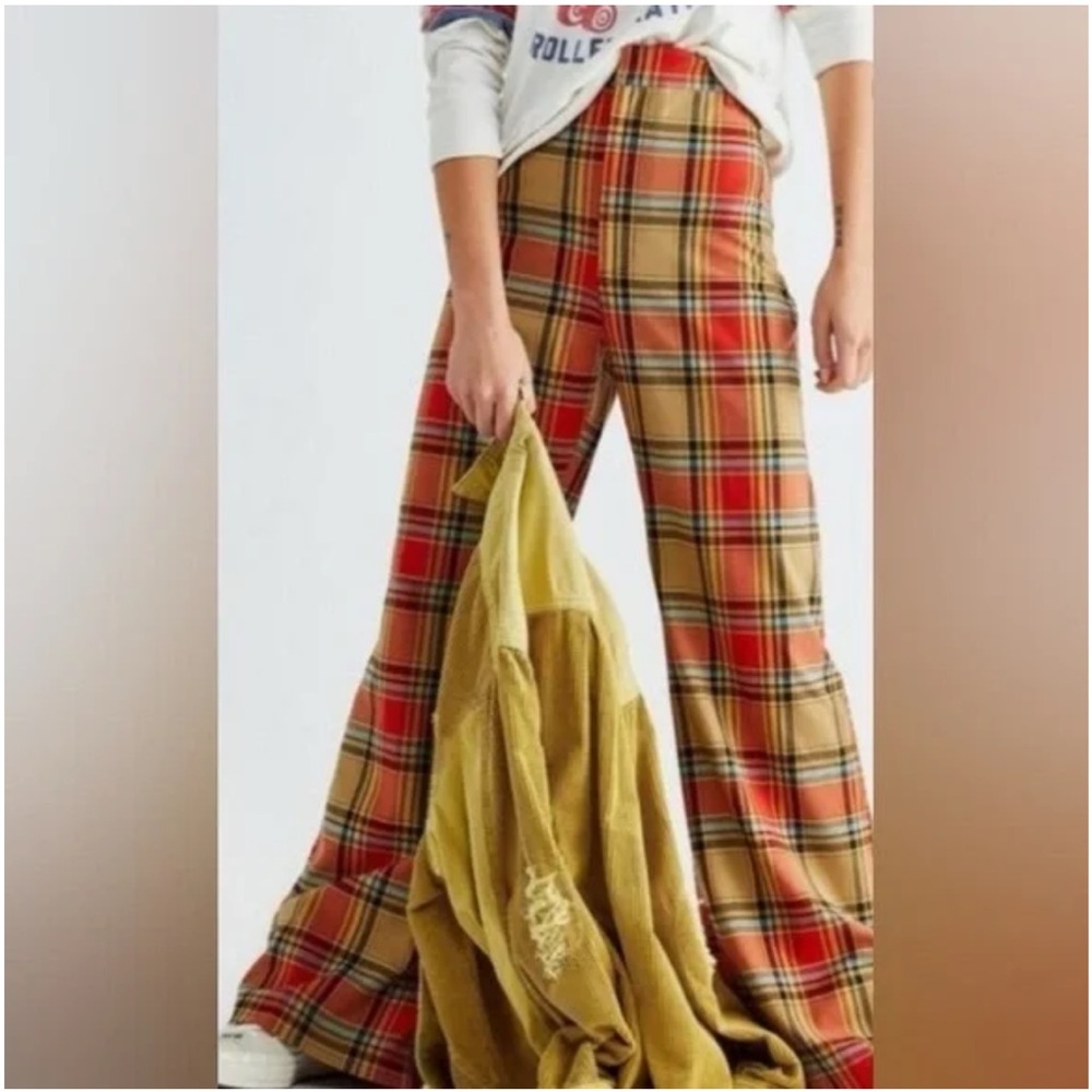 Free People Red and Tan Plaid Pants